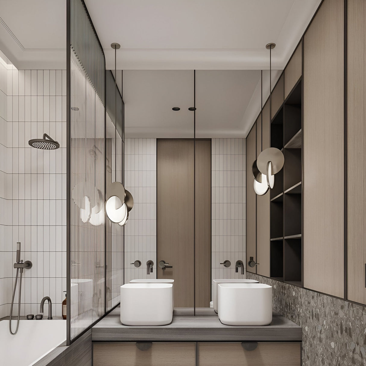 Modern bathroom with neutral tones, featuring two square white sinks, large mirrors, open shelving, a bathtub with rain showerhead, vertical tile accents, and a sleek Half Moon LED Pendant Light in silver—perfect for modern interiors.