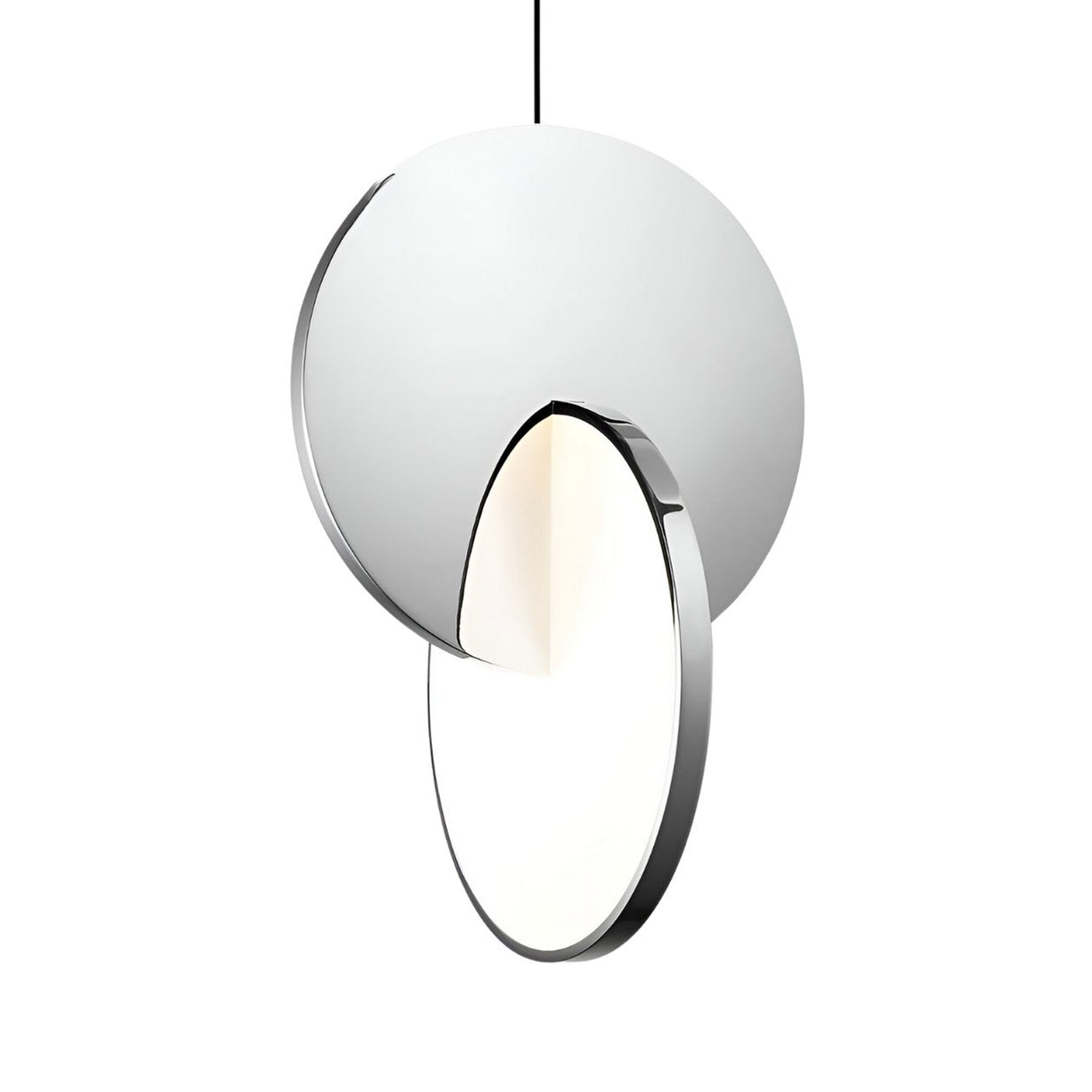The Half Moon LED Pendant Light - Silver features two intersecting discs—one metallic and one illuminated—suspended by a thin black cord, making it ideal for contemporary modern interiors.