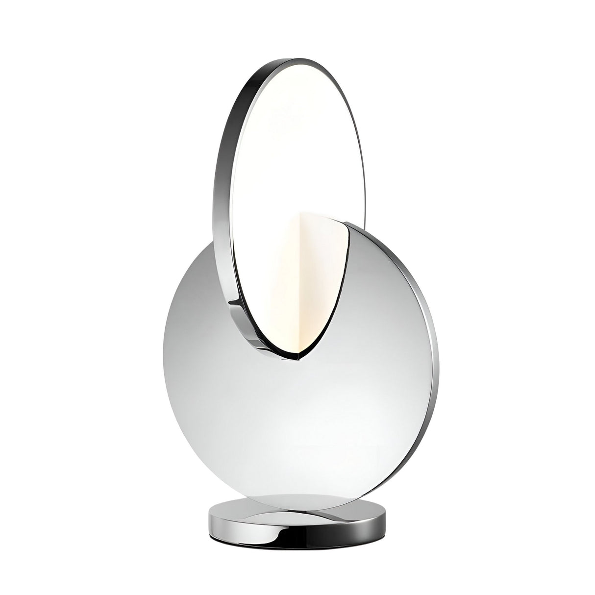 The Half Moon LED Table Lamp - Silver features a sleek, minimalist design with two intersecting circles—one upright and illuminated, the other forming the base—for a modern, sculptural look.