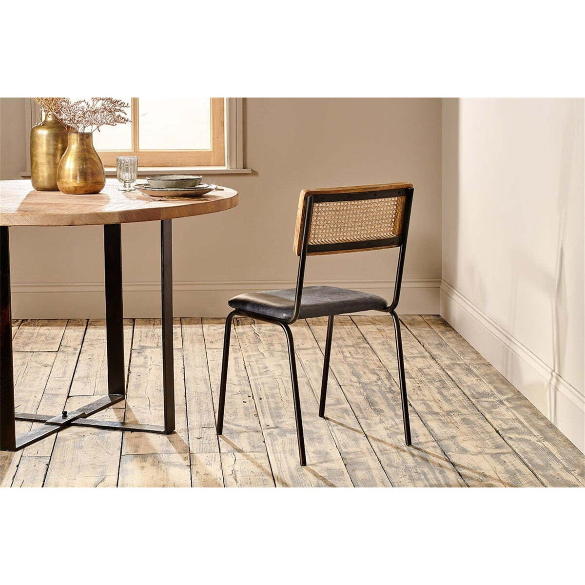 Iswa Leather & Cane Dining Chair - Black
