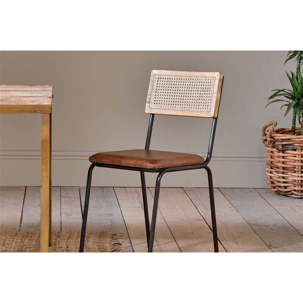 Iswa Leather & Cane Dining Chair - Tan