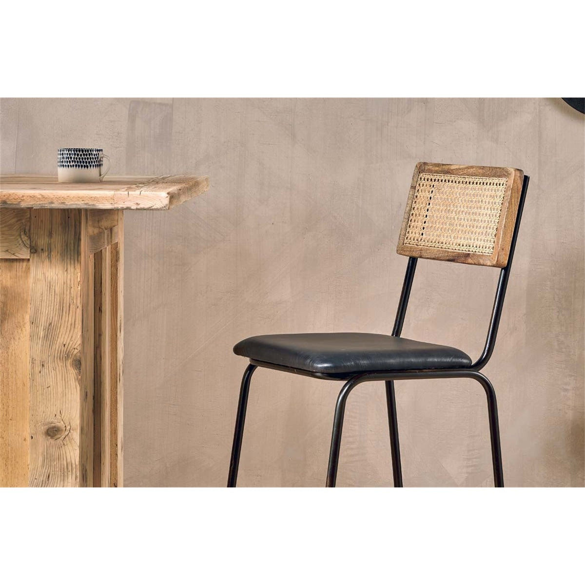 Iswa Leather & Cane Counter Stool - Aged Black