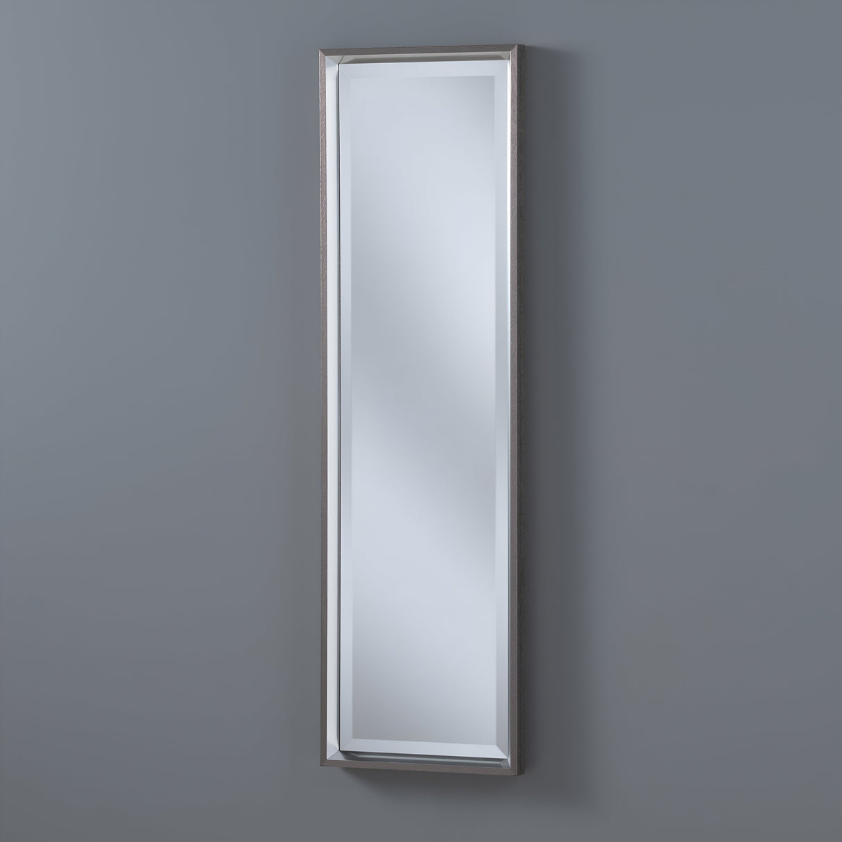 The Ambriss Rectangle Wall Mirror - Grey is a chic addition to any space, boasting a tall, narrow design with a sleek silver frame mounted vertically on a plain gray wall to epitomize contemporary minimalism.