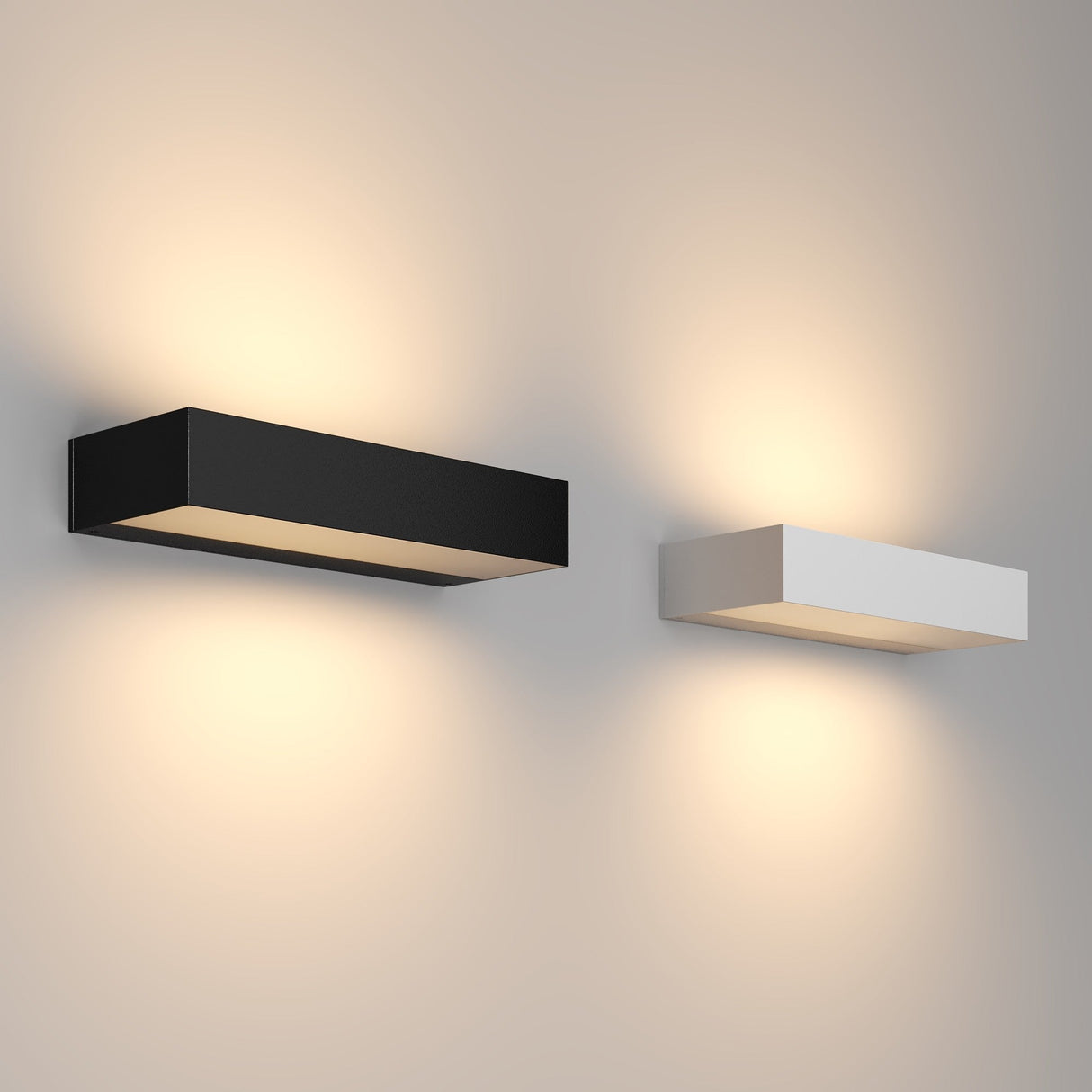 Two Lot Outdoor LED Wall Lights (20W, 3000K) in white are mounted side by side on a neutral wall. With a high IP65 rating for durability and efficiency, they emit warm light upwards and downwards, creating a soft ambient effect.