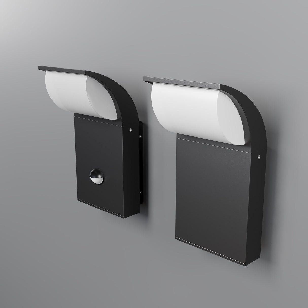 Two sleek graphite outdoor LED wall lights, each with a rectangular base and curved top with semicircular white covers. The left light includes a sensor below, providing an elegant modern lighting solution against a gray background.