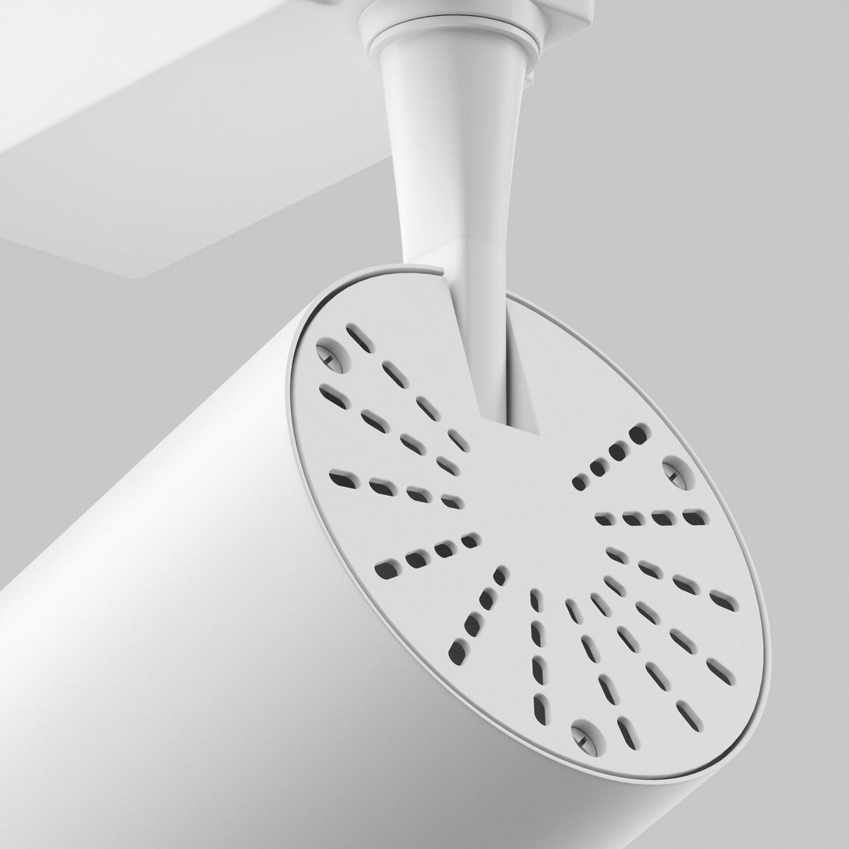 A close-up of the Vuoro S LED Single Phase Unity Track Spotlight 10W 3000K in white against a light gray background, showcasing its modern, minimalist design with high Colour Rendering Index and circular perforations at the end.