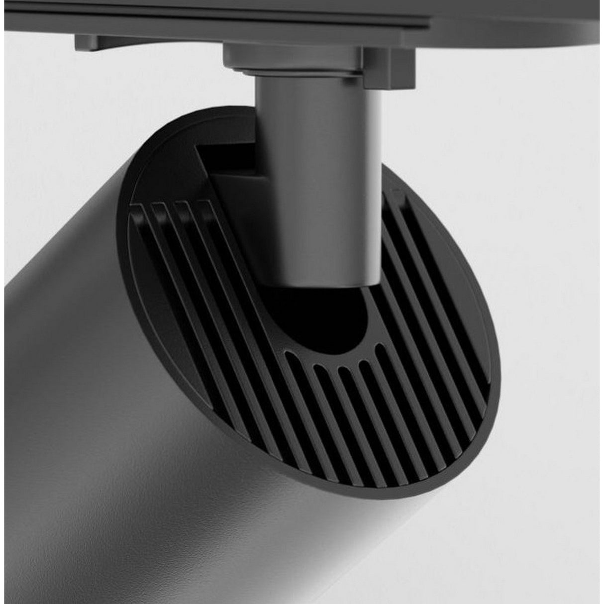 A close-up of the black Focus Zoom LED Single Phase Unity Track Spotlight 12W 4000K shows a modern cylindrical stand with vertical slits, enhancing energy-efficient lighting with its adjustable beam spread against a light gray background.