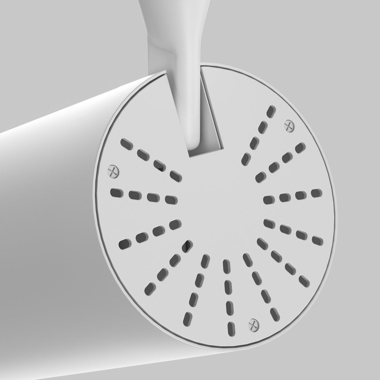 A close-up of the Vuoro S 3-Circuit Trinity Track LED Spotlight 10W 3000K in white showcases its sleek circular design, featuring multiple small oval holes for water flow. It’s mounted on a modern white fixture against a light gray background, achieving a refined and contemporary appearance.