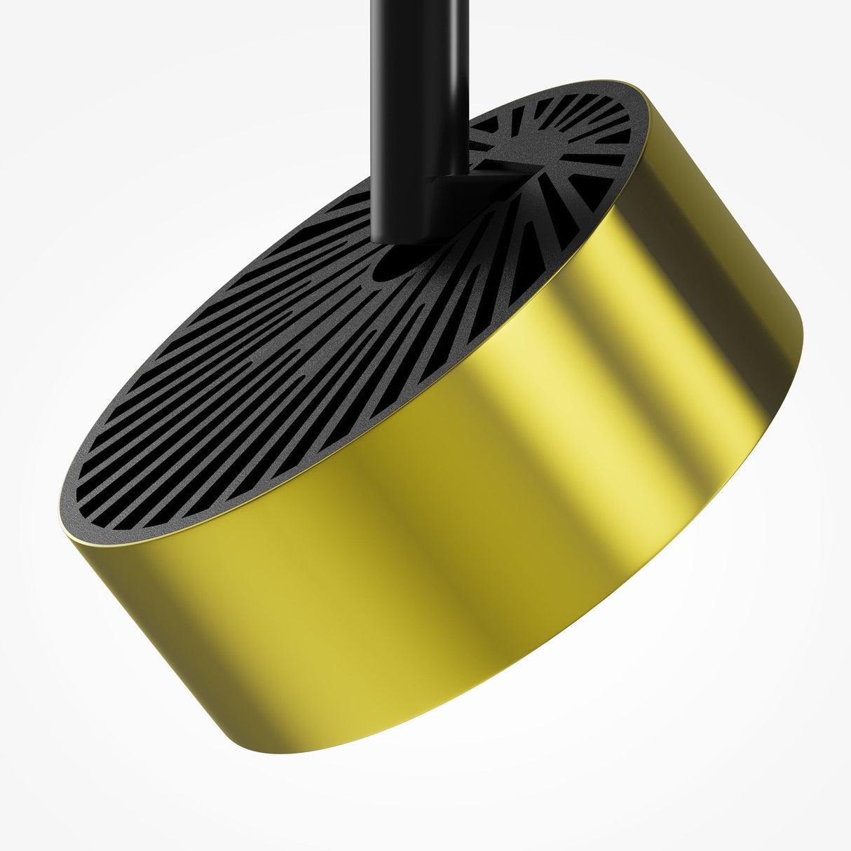 The Rado CCT LED Dimmable Spotlight features a modern cylindrical gold-colored shade with a black radial-patterned top, hanging from a black rod. It incorporates smart lighting technology, set against a plain white background.