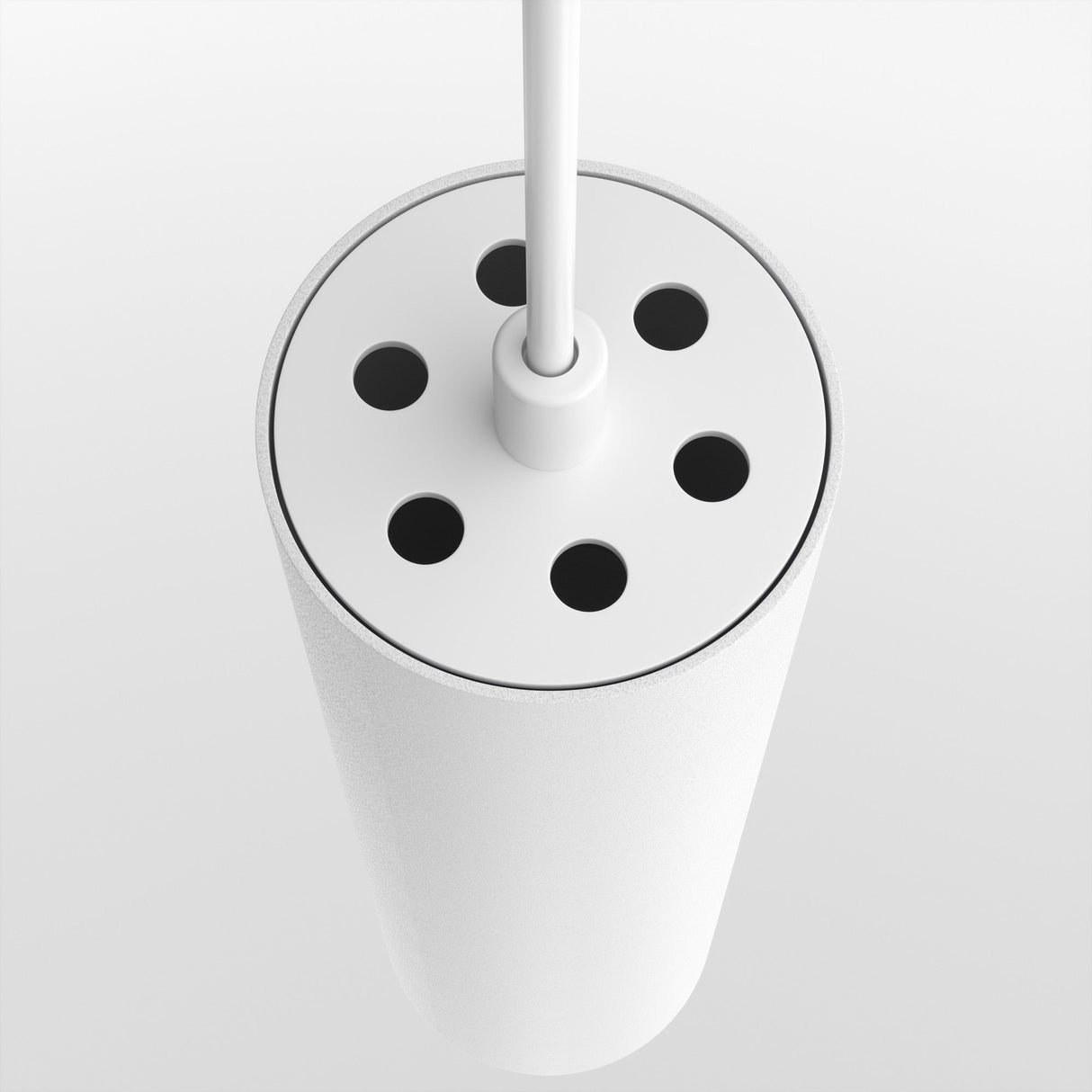 A top view of the Focus LED CCT Smart Dimmable Exility Magnetic Track Pendant Light 12W (2700-6000K) in white shows its cylindrical design with a central cable. Its smooth surface has five round openings in a circle around the cable, and it offers dimmable lighting for an elegant ambiance against a white background.