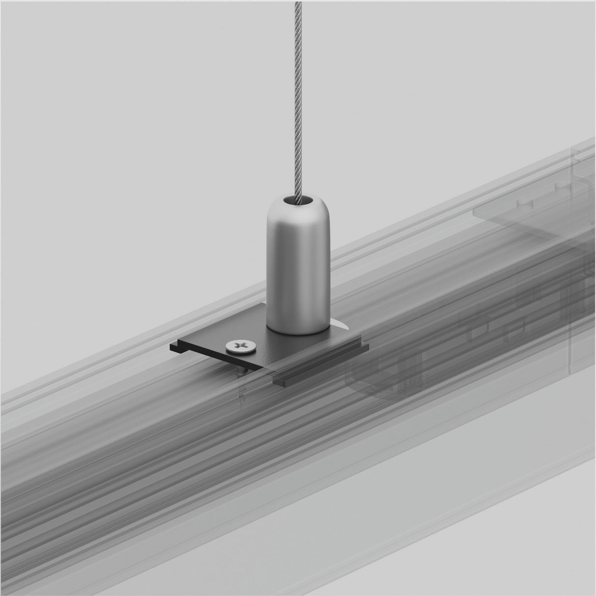 The S35 Magnetic Track Cable Mount - Black is a minimalist suspension lighting fixture with a sleek, metallic cable connector on transparent housing. Its contemporary design, compatible with the S35 track system, emphasizes clean lines and modern aesthetics in a neutral palette.
