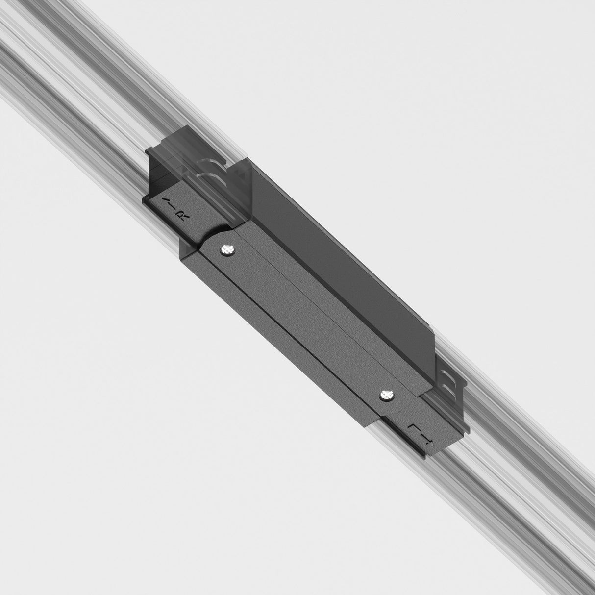 A detailed view of the 3-Phase Surface-Mounted Track Trinity Straight Connector in black, centrally placed on a clear guide rail, exhibiting sleek modern aesthetics. The assembly is horizontally mounted against a light gray background.