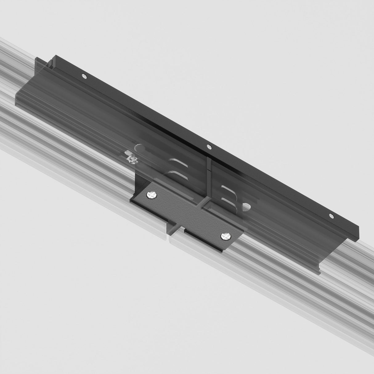 The 3-Phase Surface-Mounted Track Trinity Internal Straight Connector in black is mounted on a wall to support flat objects like pictures or shelves. It has seamless connections with a horizontal base and two vertical supports, secured by visible screws against a plain white background.