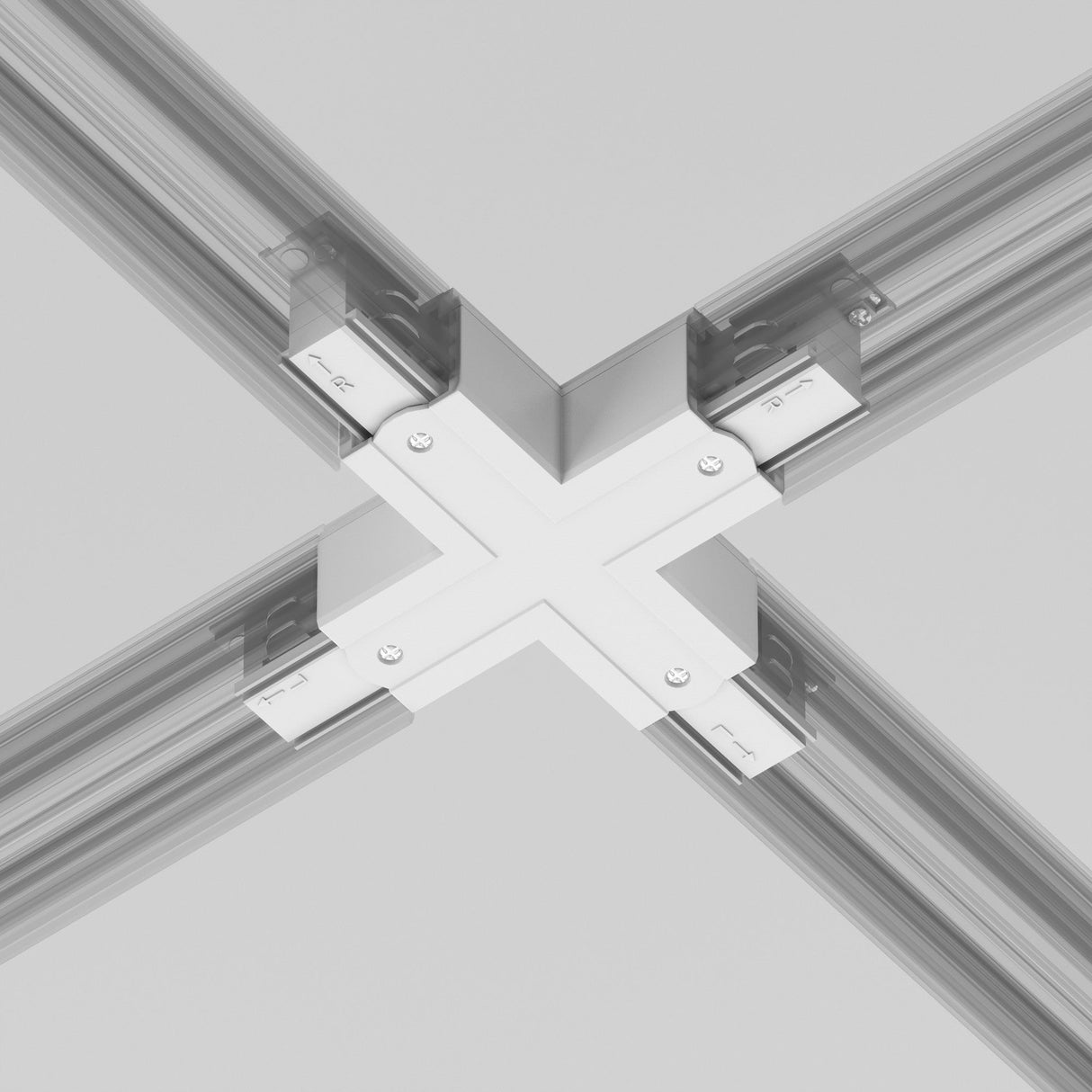 A close-up of the 3-Phase Surface-Mounted Track Trinity X-Shaped Connector in white, highlighting its metallic finish and sleek, modern design with visible joint screws, offers an elegant solution for three-phase track lighting.