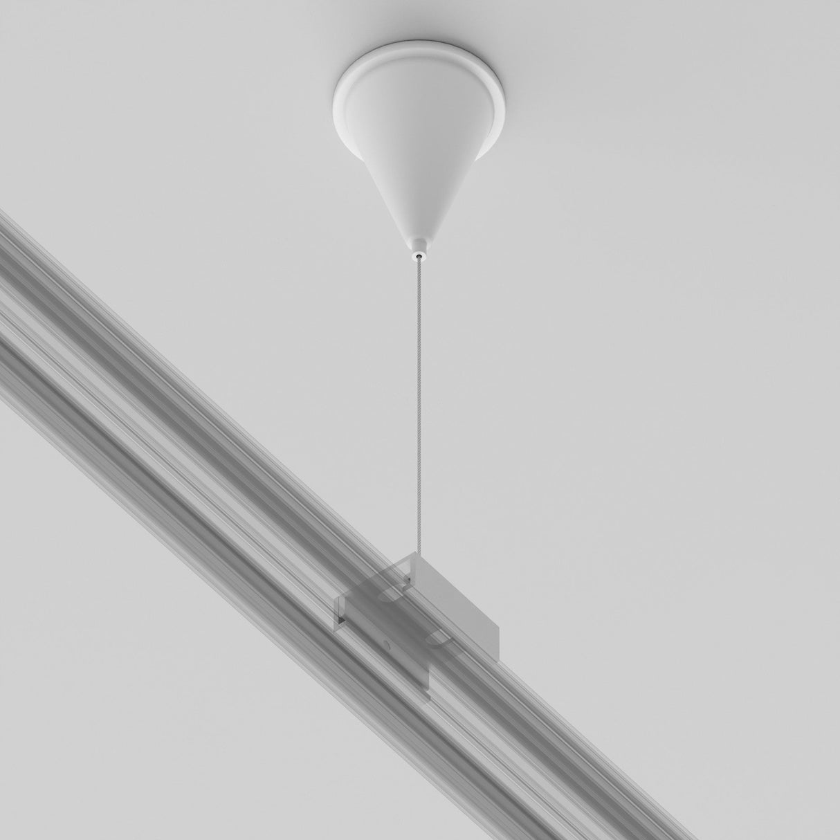 Close-up of the 3-Phase Surface-Mounted Track Trinity Suspension Cable in white, a sleek pendant light fixture featuring an adjustable thin wire, ceiling mount, and horizontal metal track. Perfect for adding a minimalist touch to modern interiors.