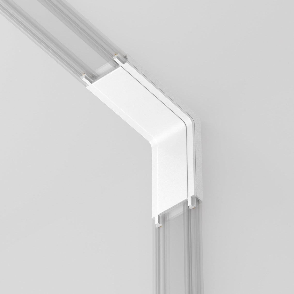 The Radity Magnetic Track Power Connector Internal in white is an L-shaped ceiling light fixture on a light gray background, showcasing sleek lines and minimalist design with translucent edges for even light distribution.