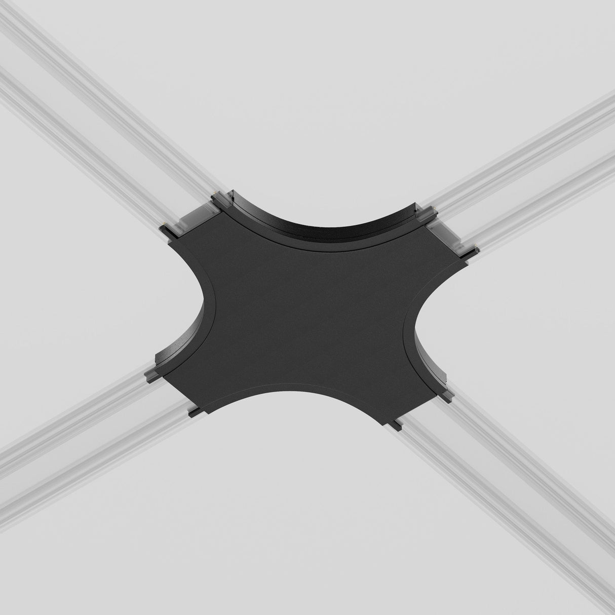 Detailed view of the Radity Magnetic Track X-Shaped Power Connector in black connecting four transparent cylindrical rods diagonally against a light grey background.