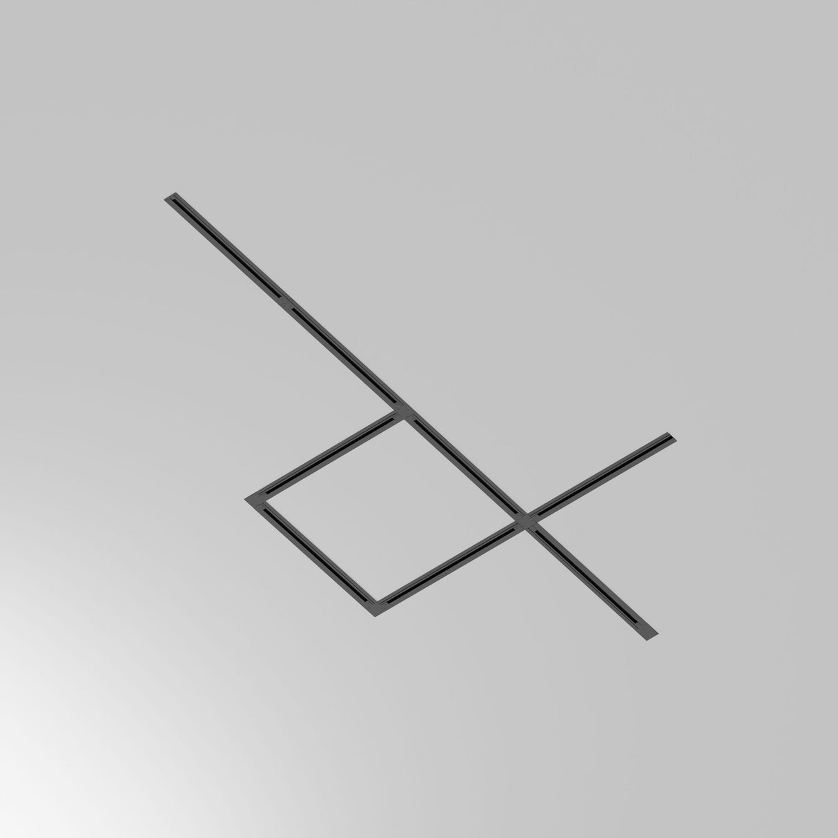 The Unity Single Phase Recessed Track 2m - Black features a sleek, black aluminum design with geometric lines against a light gray background. Its modern look includes intersecting squares for efficient energy distribution, ensuring an abstract and stylish appearance.