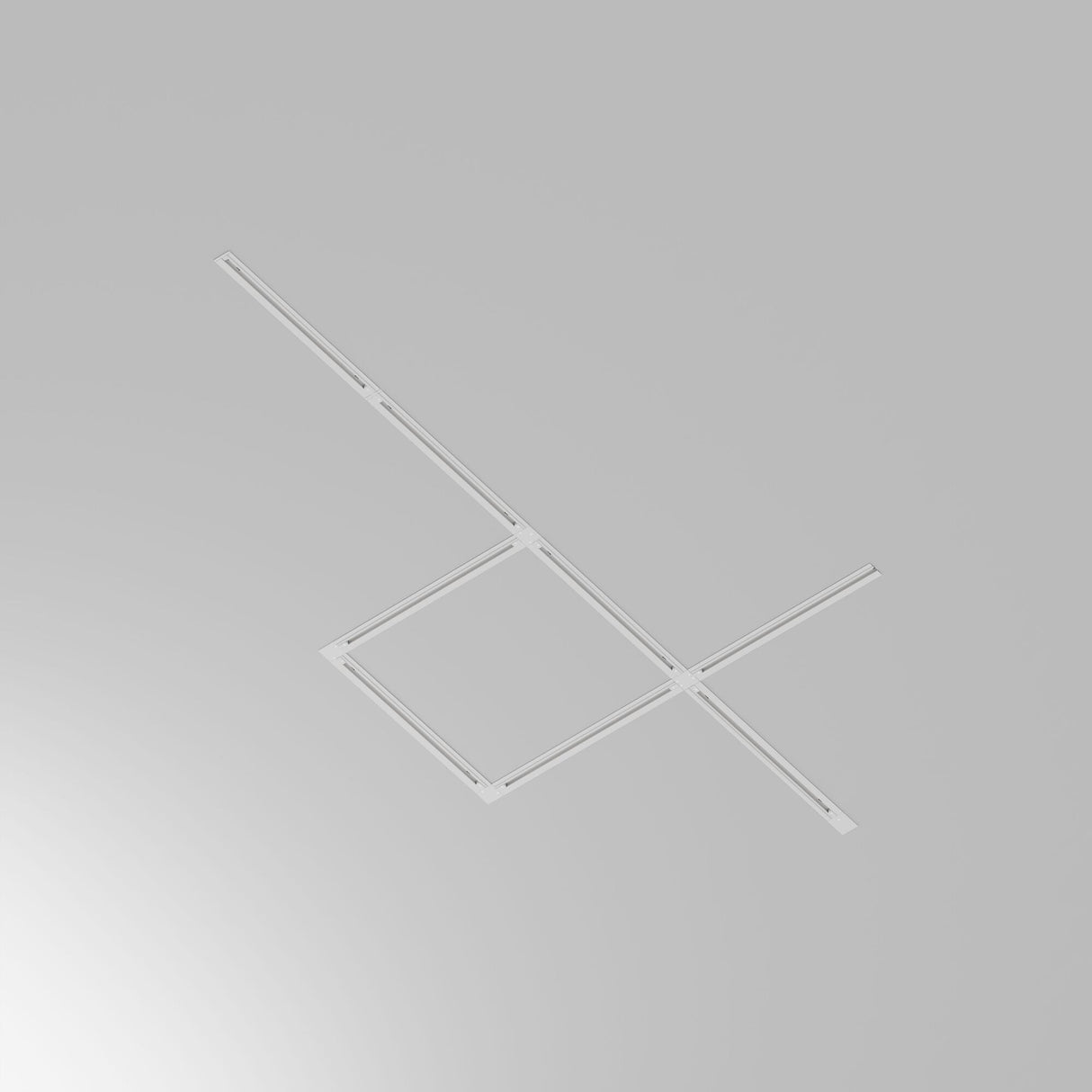 The Unity Single Phase Recessed Track 2m in white showcases a minimalist geometric design on a light gray background, featuring intersecting lines forming right angles with adjacent squares, elegantly enhanced by its sleek aluminum body.