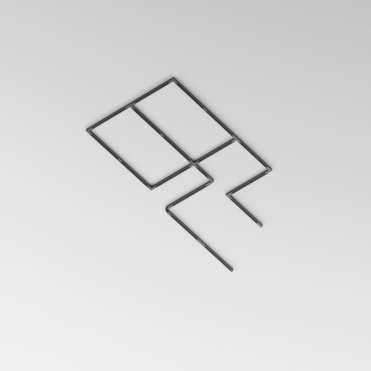 An abstract geometric wireframe sculpture on light gray resembles a distorted rectangle with angular extensions, reminiscent of the modern style of the Trinity Three Phase 1m Black Surface-Mounted Track for adaptable ceiling lighting.