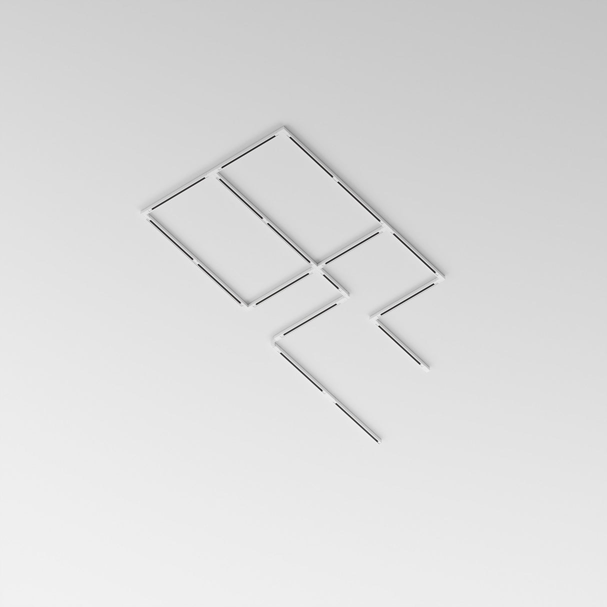 Thin black rods on a white surface form an abstract kite-like shape with a tail, seamlessly integrating into the Trinity Three Phase Surface-Mounted Track 2m in white, featuring a top parallelogram and zigzag line below, perfect for creative three-phase lighting setups.