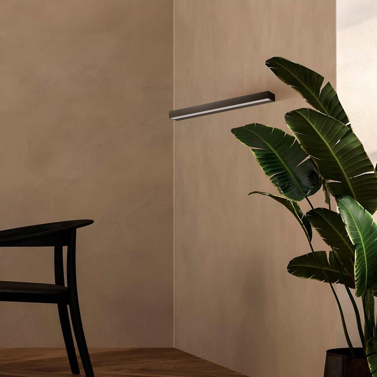 A minimalist interior showcases a black chair, the sleek Orion LED Picture Light 9W 4000K - Black & White for glare-free illumination, and a tall green plant with large leaves. Soft beige walls and a wooden floor add warmth to the space.