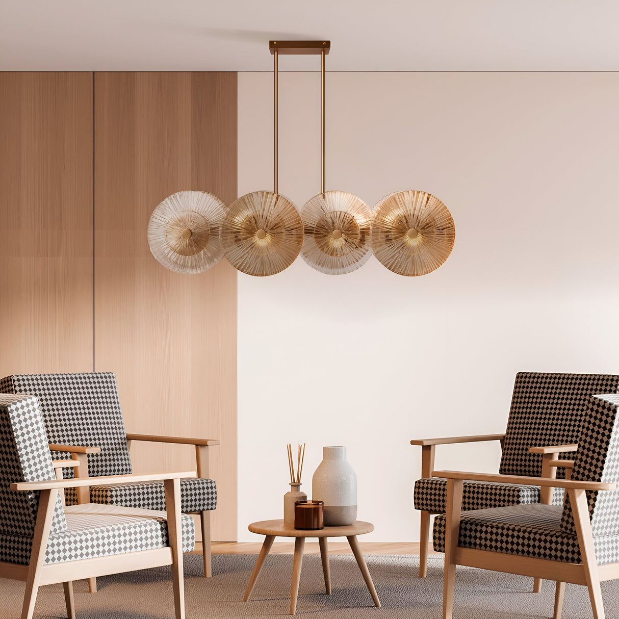 A modern living room features two patterned armchairs facing a round table. Above, the Aster 8 Light Spherical Suspension Light - Gold enhances the modern design with its circular shades. Light wood paneling serves as the backdrop, while a vase with reeds adds decor on the table.