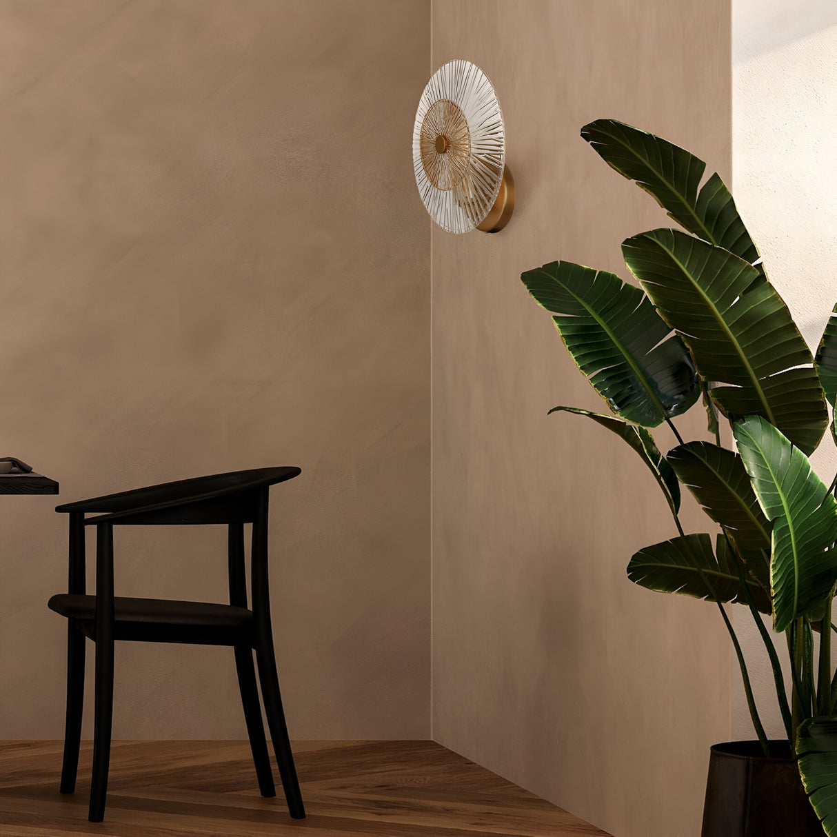 A minimalist room corner with a modern wooden chair beside a table, a large plant with broad green leaves against beige walls, and ambient lighting. An artistic touch is added by the Aster Wall Light in gold featuring a glass disc design.