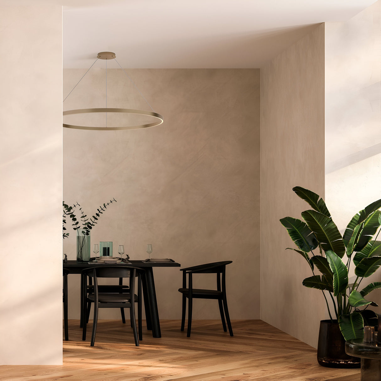 A minimalist dining area features a black table and chairs on wooden flooring. Above the setup with glasses and plates hangs the Rim LED Circular Suspension Light 100cm in brass. Tall green plants adorn the corner, with sunlight creating soft shadows that enhance the design.
