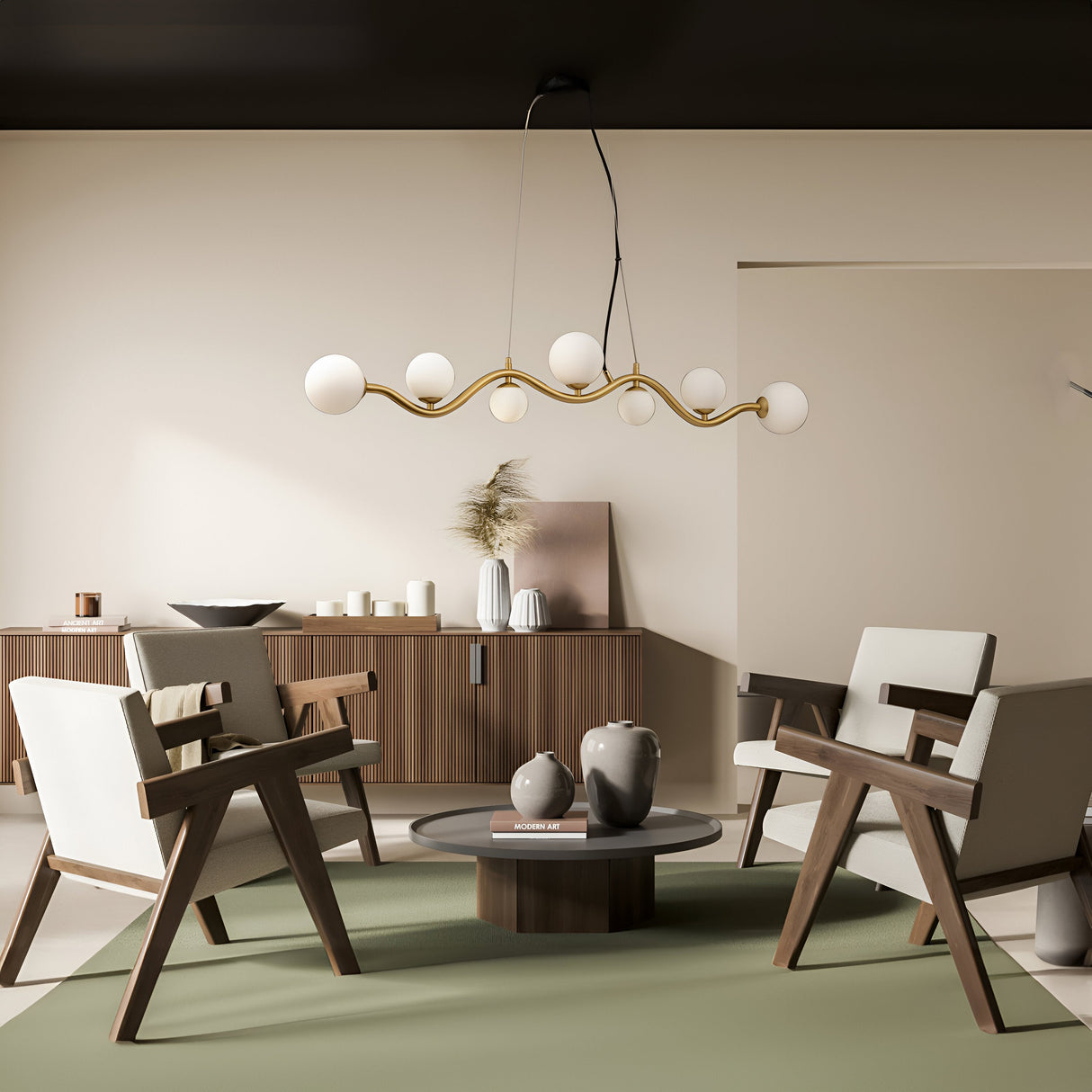 A modern living room includes four wooden armchairs around a round coffee table on a green rug. Above, the Uva 7 Light Linear Suspension - Gold with frosted glass globes elegantly hangs, while a wooden sideboard with decor items completes the sophisticated backdrop.