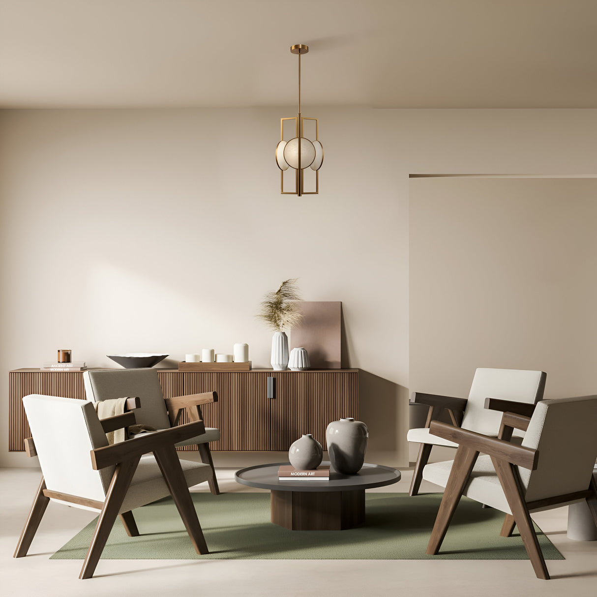 A modern living room features four wooden armchairs around a round coffee table on a green rug. In the background, a sideboard displays candles and vases, while beige walls are illuminated by the elegant Marmo 3 Light Chandelier - Gold With Stone Plates.