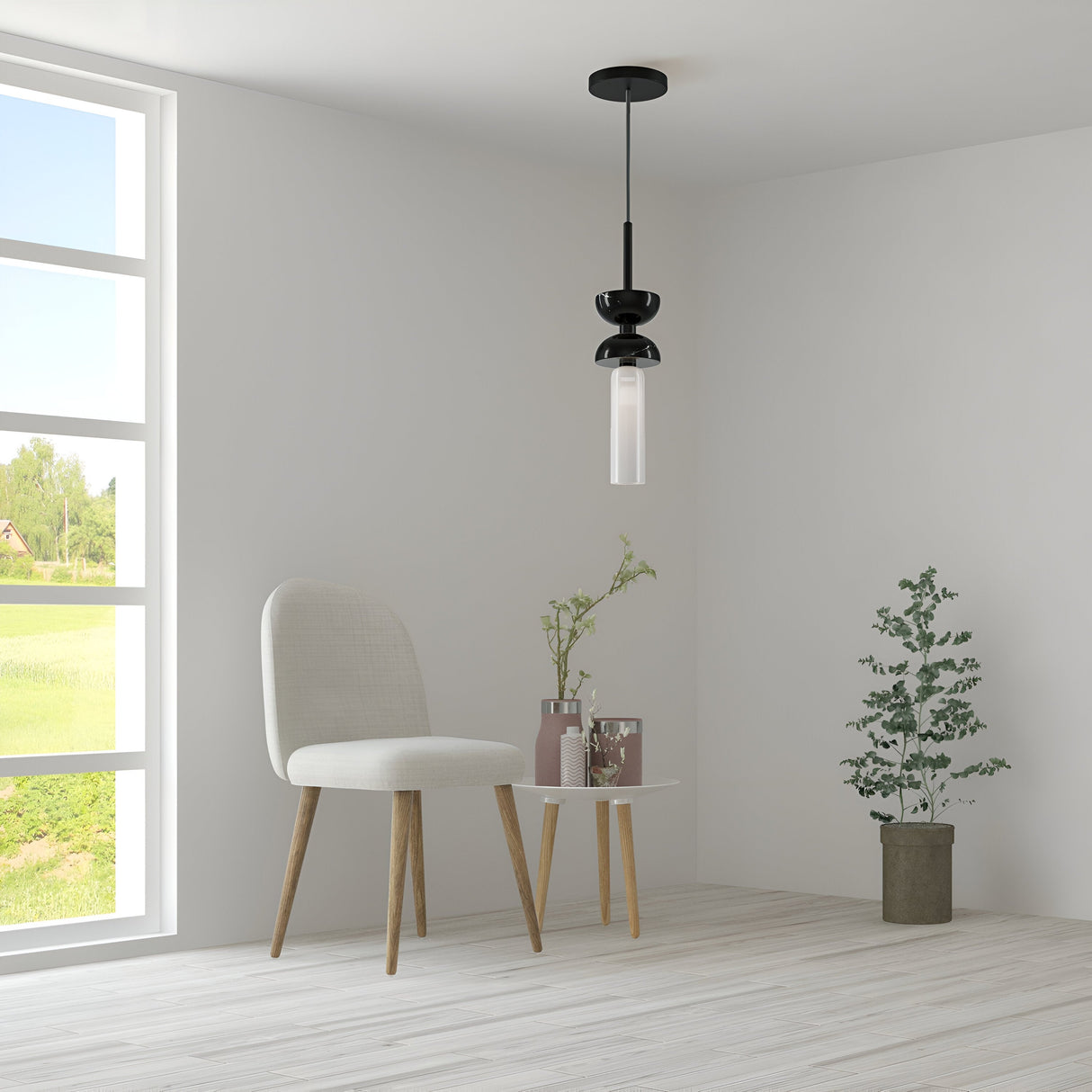 Minimalist room with a beige chair and small round table holding flowers. A Kyoto Pendant Light - Black & Black Marble Base hangs above. A large window reveals a green landscape, while a potted plant rests on the floor. Light-colored walls and flooring enhance the customizable lighting options.