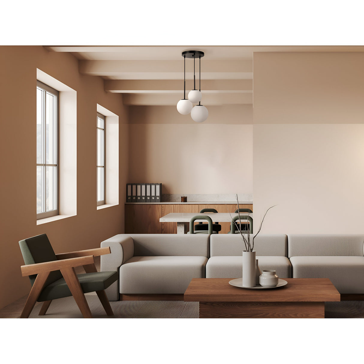 A modern minimalist living room features beige walls and a light gray sectional sofa with a wooden coffee table. A green armchair adds industrial flair, while the Basic Form 3 Light Cluster Pendant in Black/White hangs overhead. Large windows brighten the space.