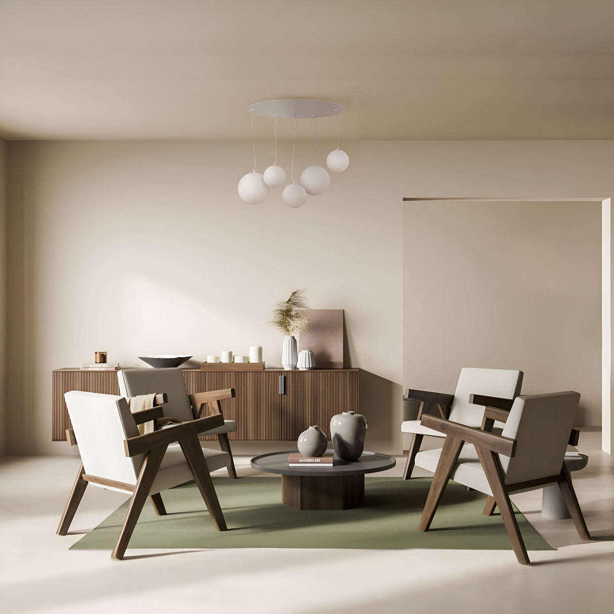 A modern living room showcases four angular wooden chairs around a round coffee table on a green rug. A wooden sideboard with decorative items matches the minimalist lighting, highlighted by the Basic Form 5 Light Plate Cluster Pendant - White, accented by frosted opal glass globes against beige walls.