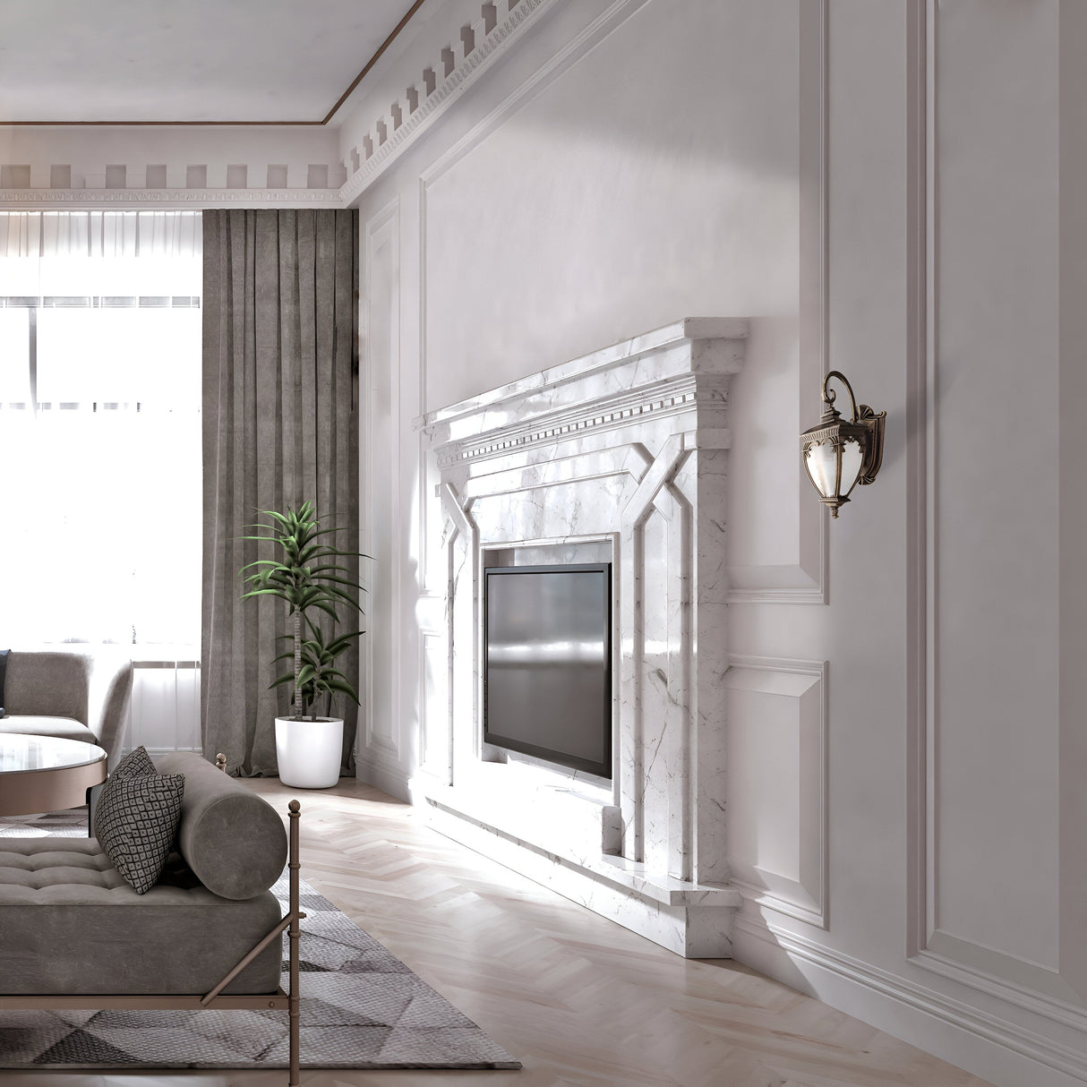 A stylish living room with a white marble fireplace and mounted TV features a gray sofa, round coffee table on a light wood floor, patterned rug, and PULEGOSO glass elements. Near gray-curtained windows, a tall plant in a white pot is accented by the Fleur Outdoor Wall Light 60W - Black for elegance.