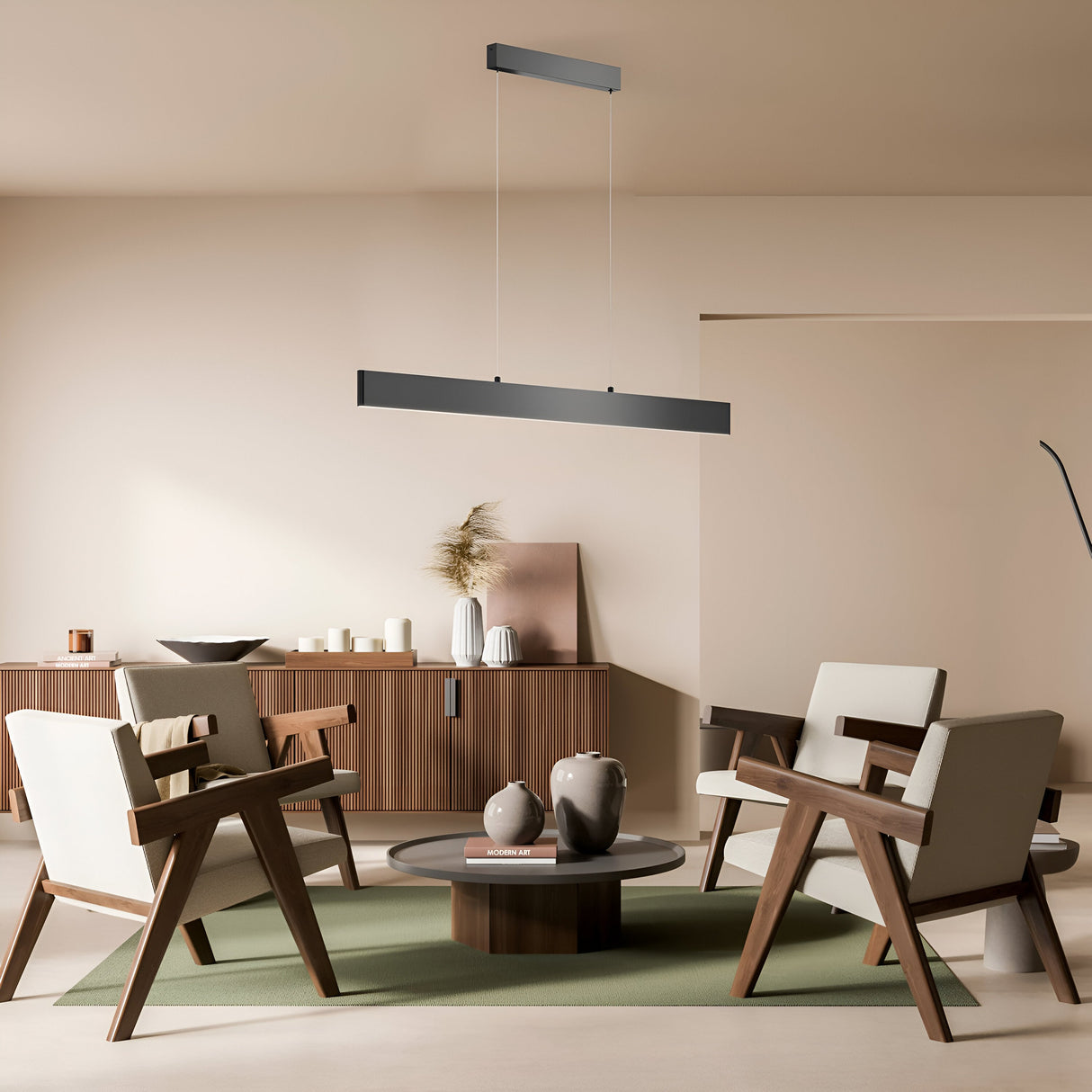 A minimalist living room showcases a Step LED Long Linear Suspension Light 4000K 30W - Black above a round coffee table with vases. Four wooden armchairs with white cushions encircle the table, while a sideboard in the back displays decorative items under soft lighting.