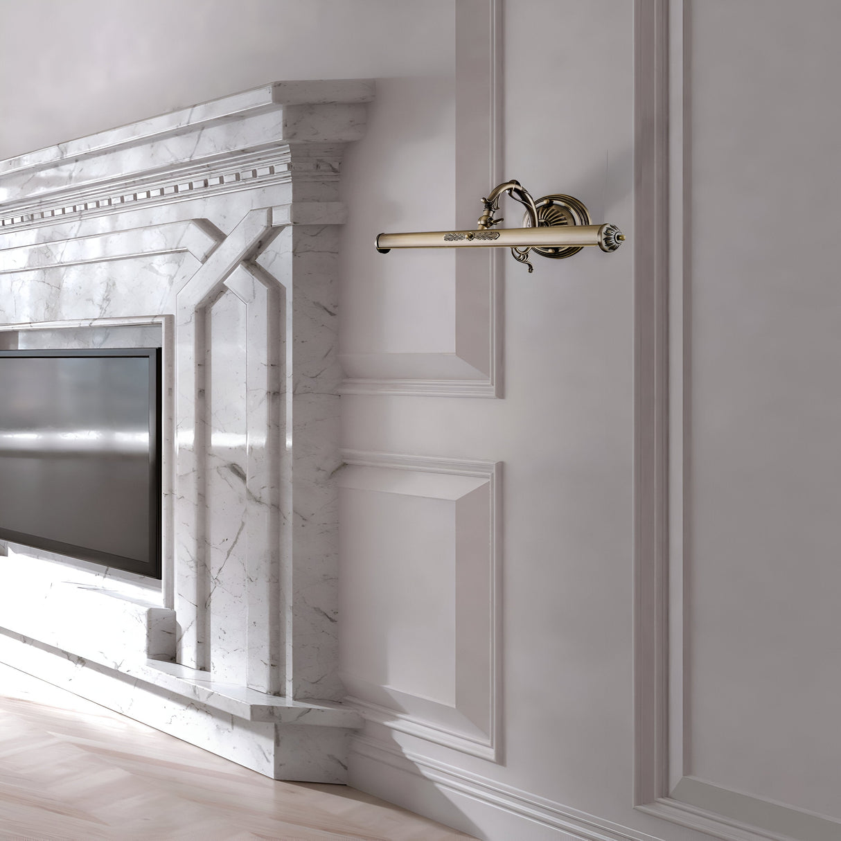 Sophisticated marble fireplace with intricate molding, a built-in flat-screen TV, and accent lighting. The Picasso Classic Picture Light in bronze elegantly illuminates the room, exuding luxury and attention to detail.