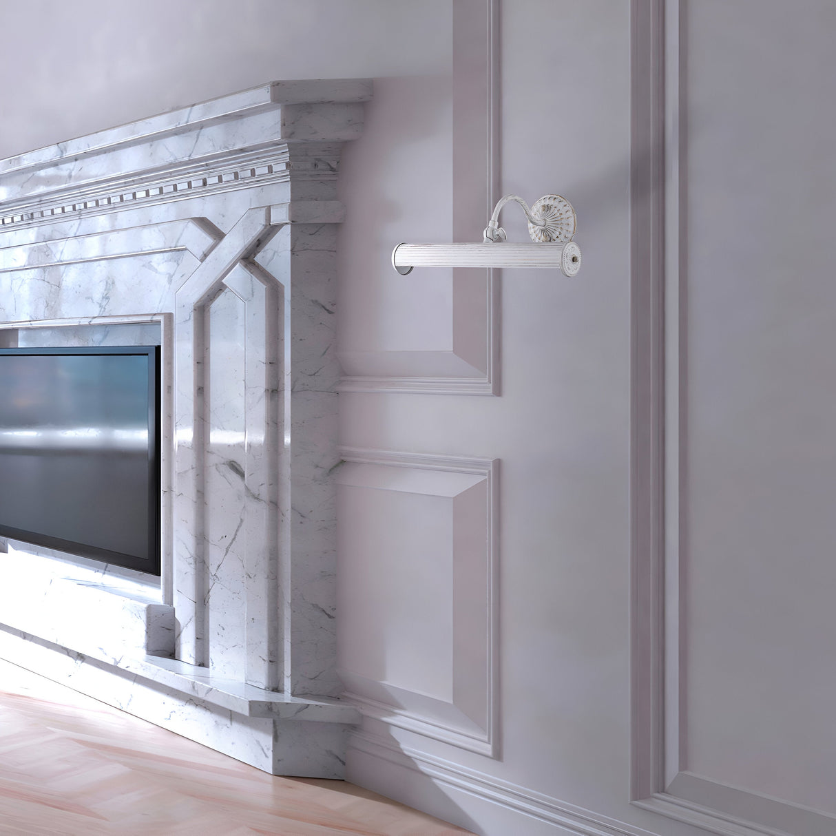 A luxurious living room boasts a large marble fireplace with intricate designs and an integrated flat-screen TV. Modern interiors shine under the Renoir Classic Picture Light, while a vintage-style clock with a long pendulum complements the light-colored walls.