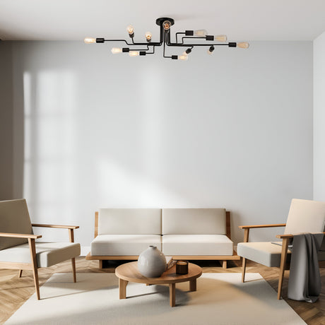 A minimalist living room features the striking Gilbert 12 Light Semi-Flush - Black with an exposed bulb design, two wooden armchairs, a white sofa, and a round wooden coffee table. Light gray walls complement the wooden floor, enhancing the spaces industrial vibe.