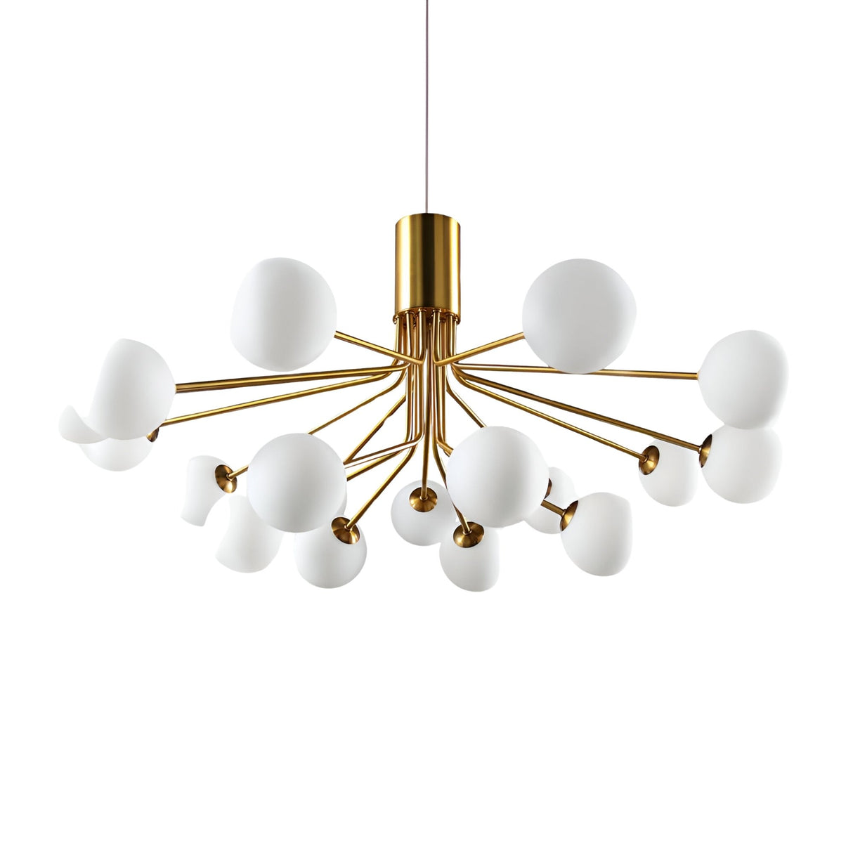 The Ivy 18 Light Chandelier - Brass features a gold central fixture with multiple arms, each ending in a rounded opal glass shade that resembles abstract flower petals or buds.