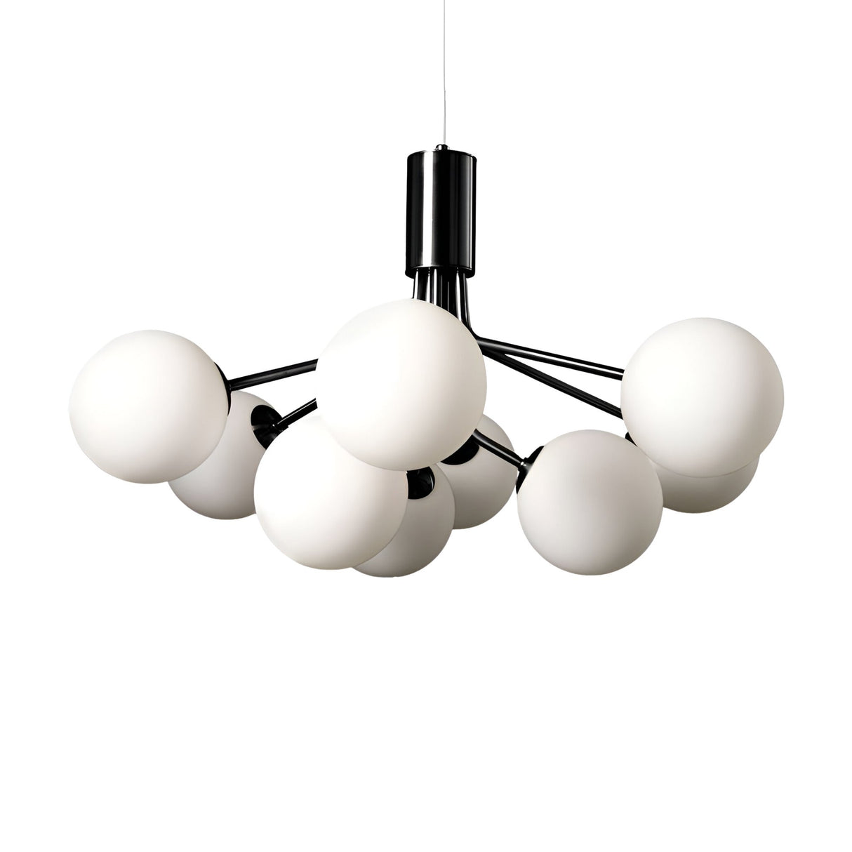 The Ivy 9 Light Chandelier - Black showcases a minimalist look with multiple black arms, each holding opal glass shades in a circular pattern and hanging elegantly from the ceiling.