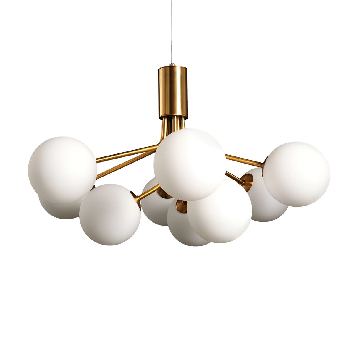 The Ivy 9 Light Chandelier - Brass features a modern, floral-inspired design with a brass metal frame and multiple frosted globe-shaped lights branching outward in a clustered arrangement.