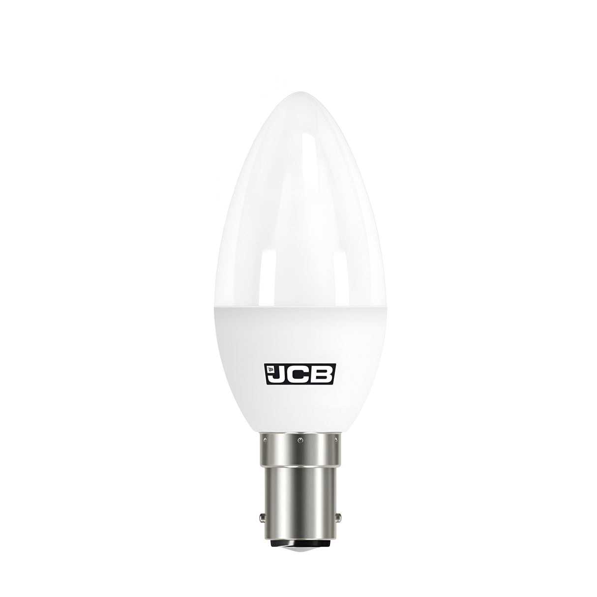 The JCB 4.9W Non-Dimmable LED Candle Bulb, featuring a warm white 3000K glow, showcases a tapered design with a metallic base and logo near the bottom. This energy-efficient light source presents a clean and sleek appearance against a plain white background.