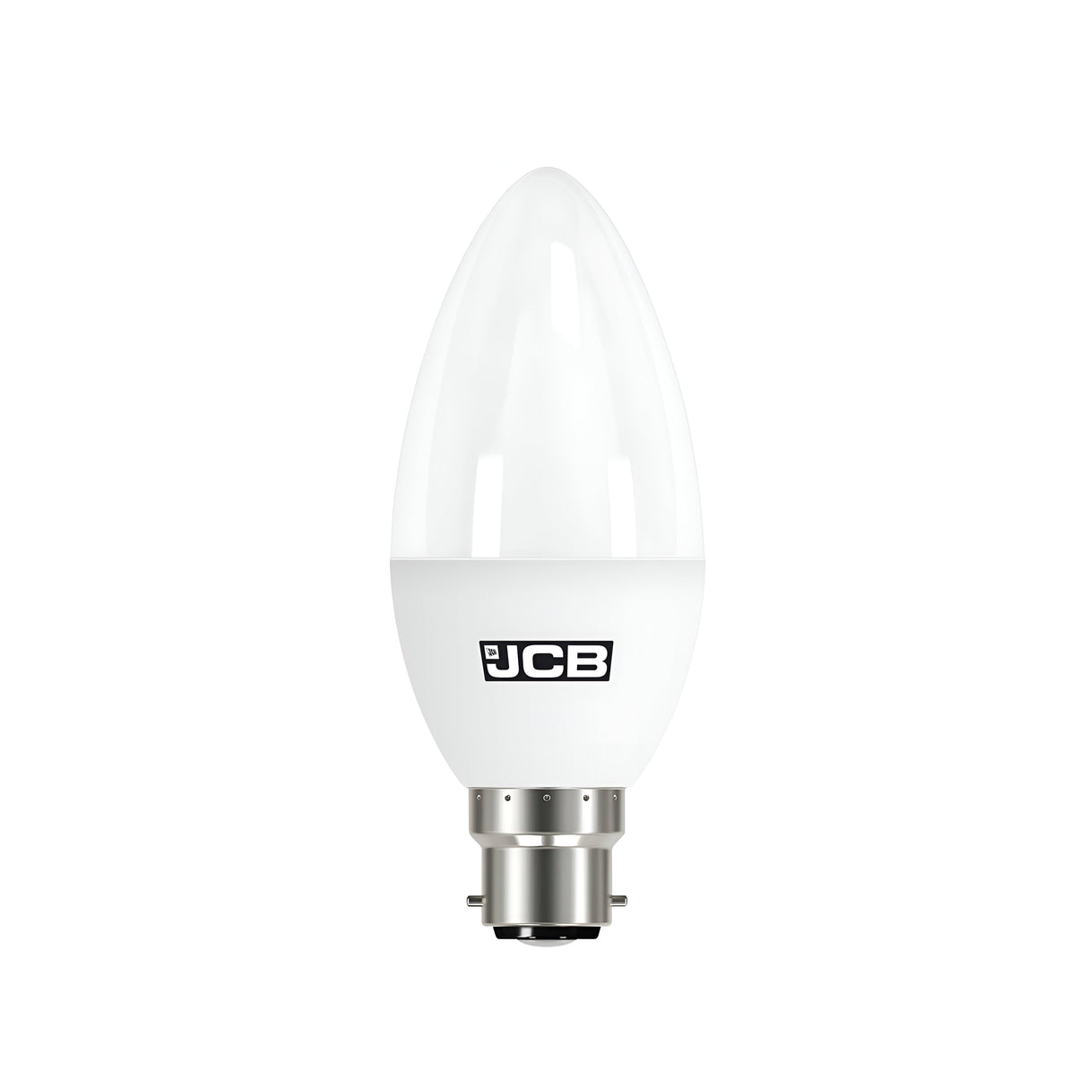 The JCB 5.5W Non-Dimmable LED Candle Bulb, available in a warm white 3000K tone and compatible with a B22 base, features a candle shape and a glossy finish. It's designed for energy-efficient lighting and prominently displays the JCB logo.