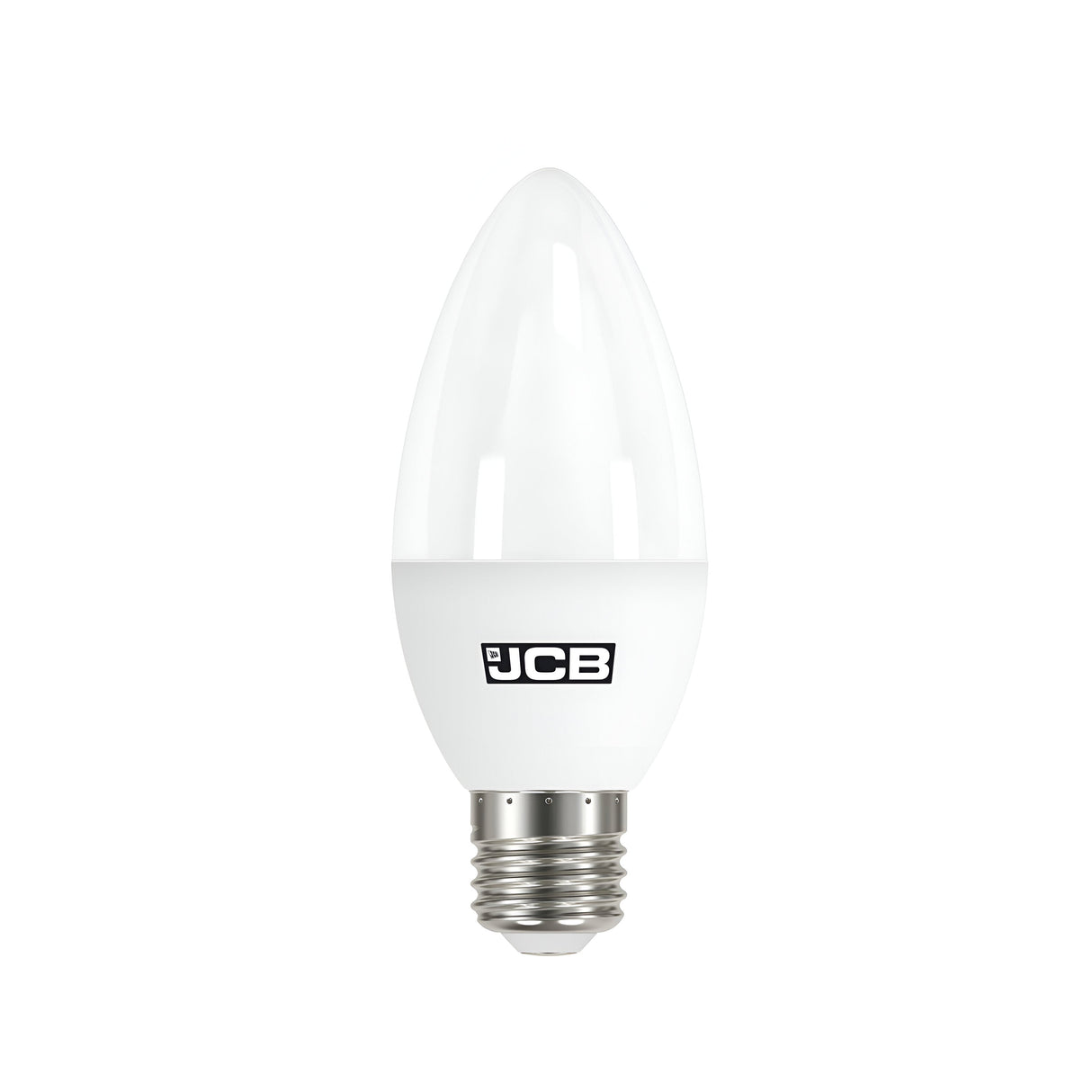 A modern, white JCB 4.9W non-dimmable LED candle bulb with a screw base and the JCB logo printed in black along its slender side. This E27 bulb provides warm white light at 470 lumens on a plain white background.