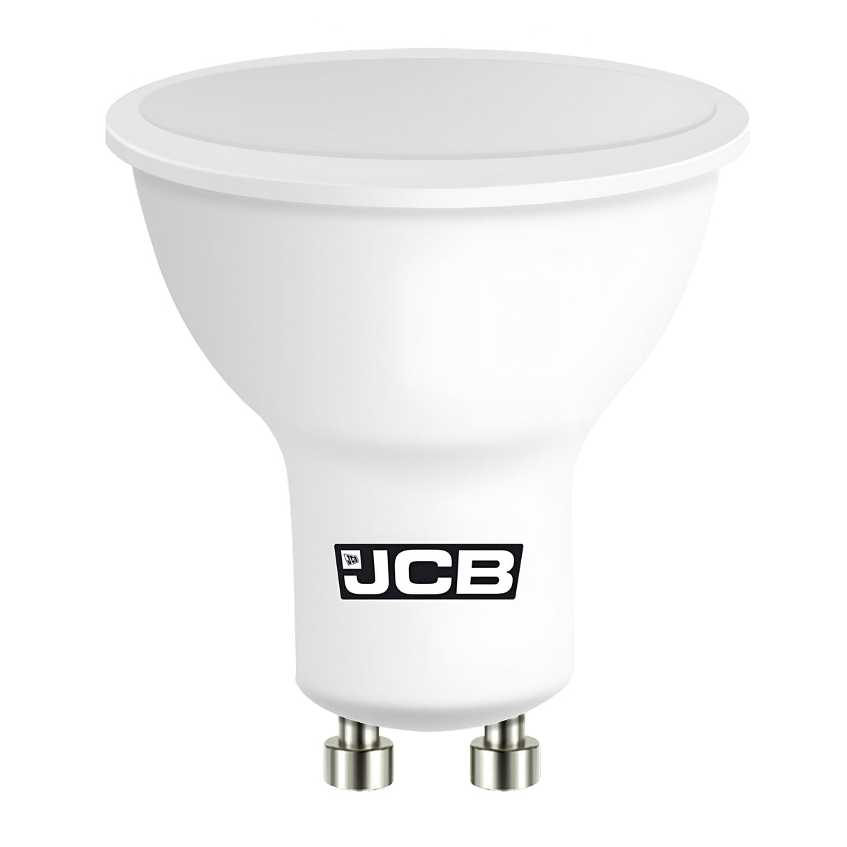 The JCB 4.9W GU10 Non-Dimmable LED Bulb in cool white (4000K) prominently features the JCB logo on its side.