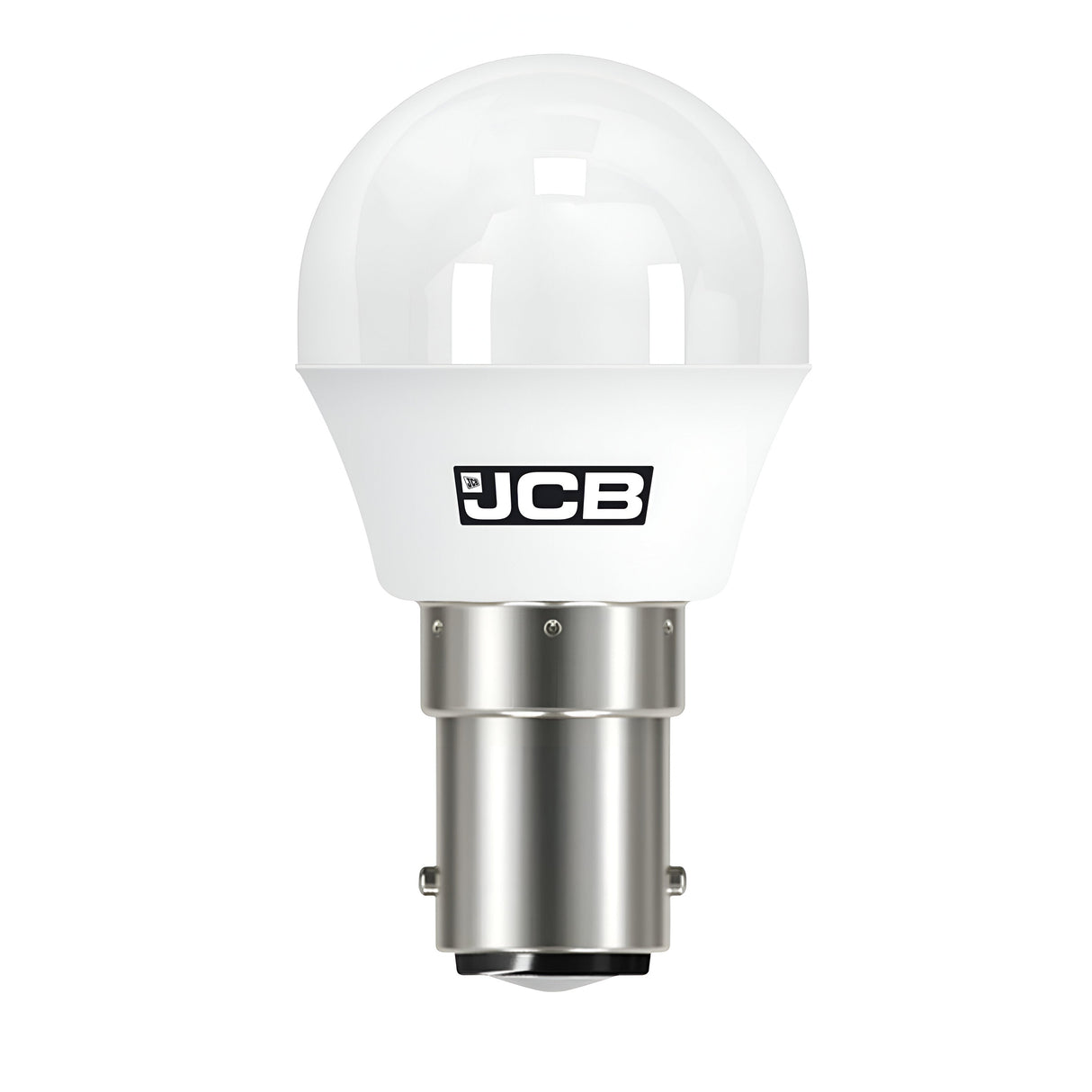 A JCB 4.9W Non-Dimmable LED Golf Ball Bulb in warm white, featuring a metal base and a clear, rounded top. The bulb showcases the brand name JCB on the white area near the top, offering a simple and modern design at 3000K color temperature.