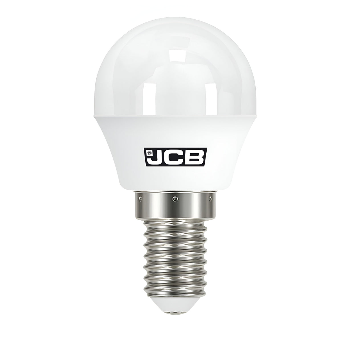 Image of a JCB-1 4.9W Non-Dimmable LED Golf Ball Bulb with an E14 silver screw base and a round, smooth glass top that emits warm white light at 3000K.