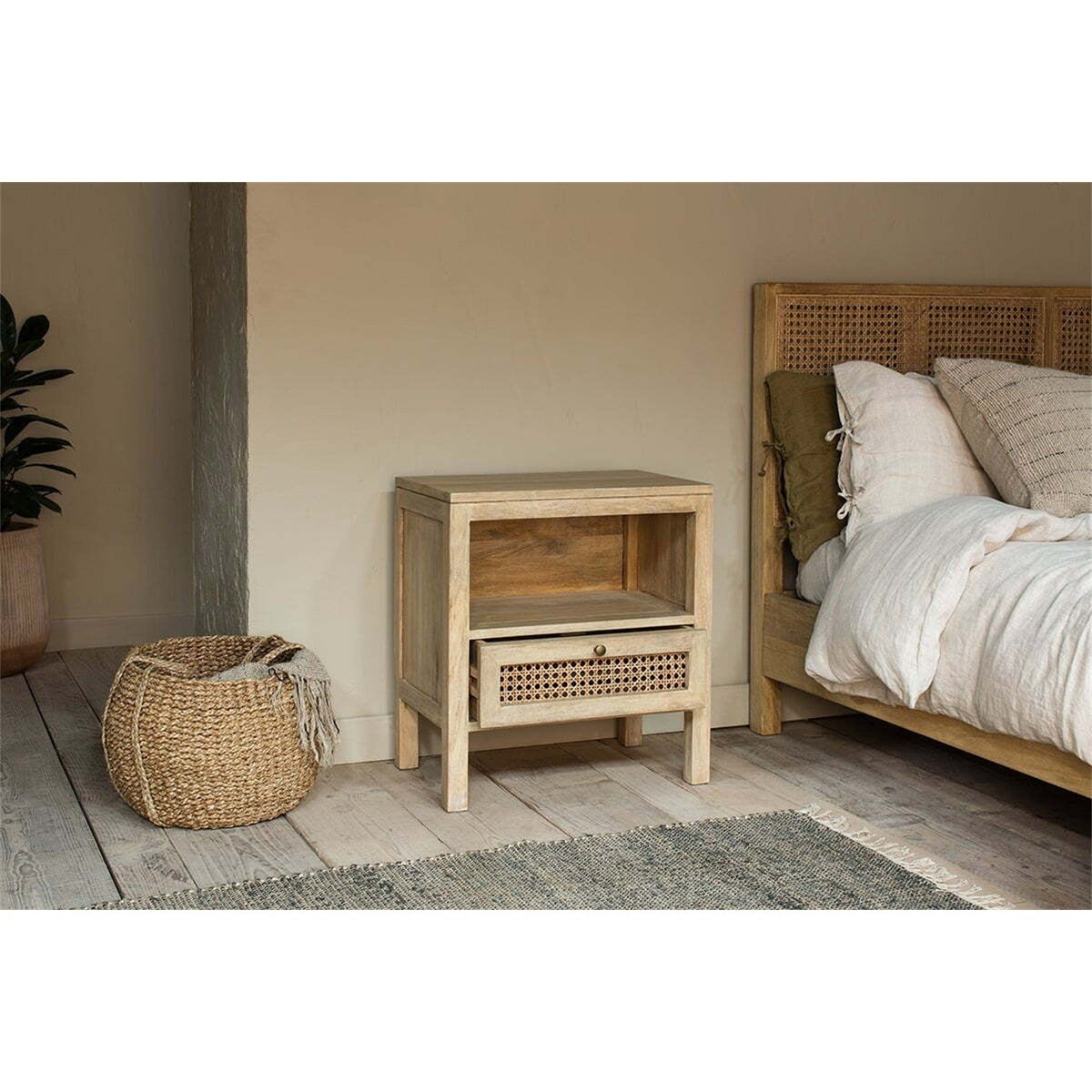 Kanz Mango Wood & Cane Bedside Table - Natural