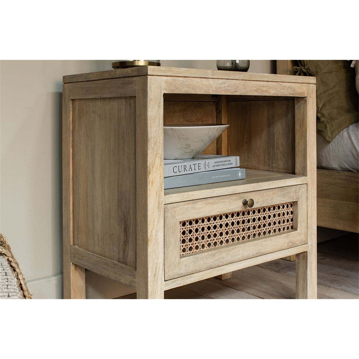 Kanz Mango Wood & Cane Bedside Table - Natural